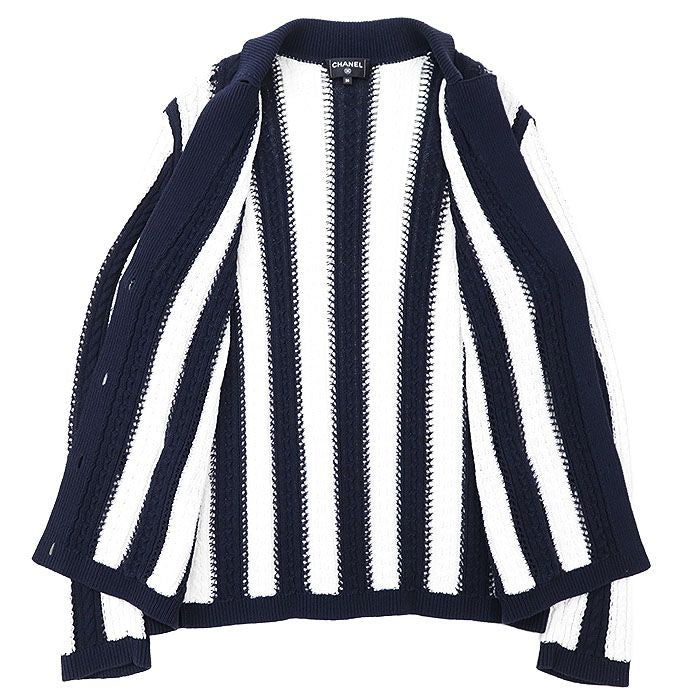 CHANEL P74635 Coco Mark Rhinestone Button Knit Cardigan Jacket Stripe Marine Navy White Size 36
