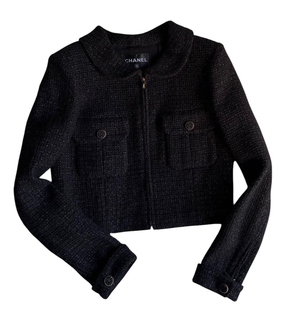 CHANEL Gold Lamé Tweed Jacket Blazer Size 38