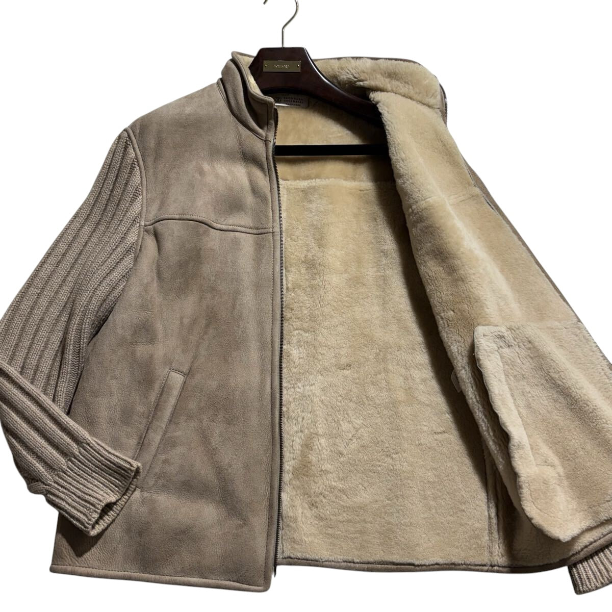 $11000 BRUNELLO CUCINELLI Mouton Suede Leather & Cashmere Sleeve Jacket L