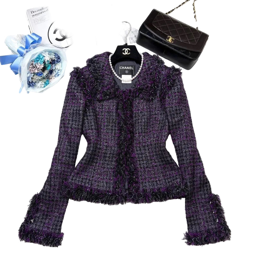 CHANEL 2003 Lamé Fancy Tweed Jacket Poodle CC Button Size 36