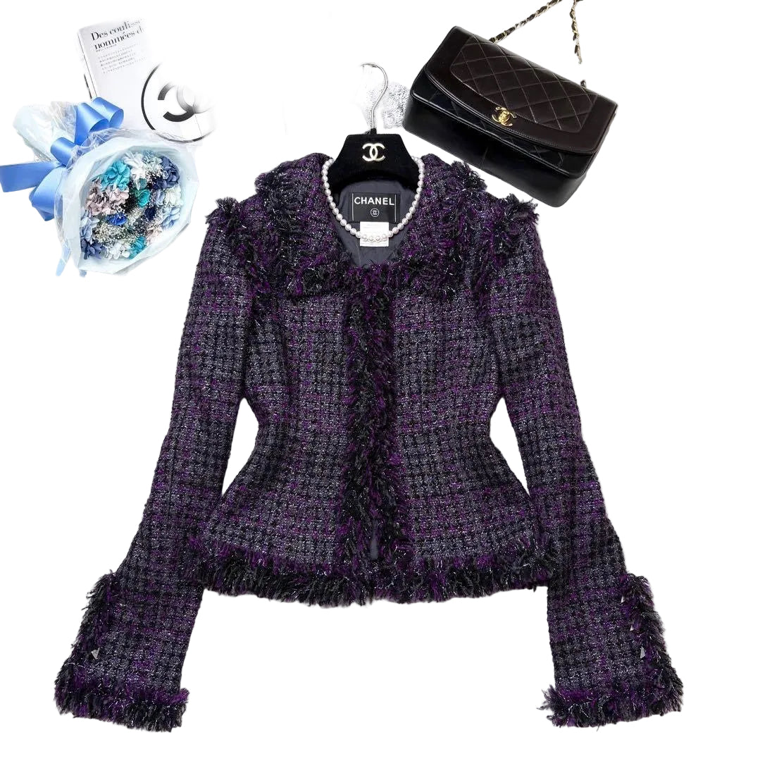 CHANEL 2003 Lamé Fancy Tweed Jacket Poodle CC Button Size 36