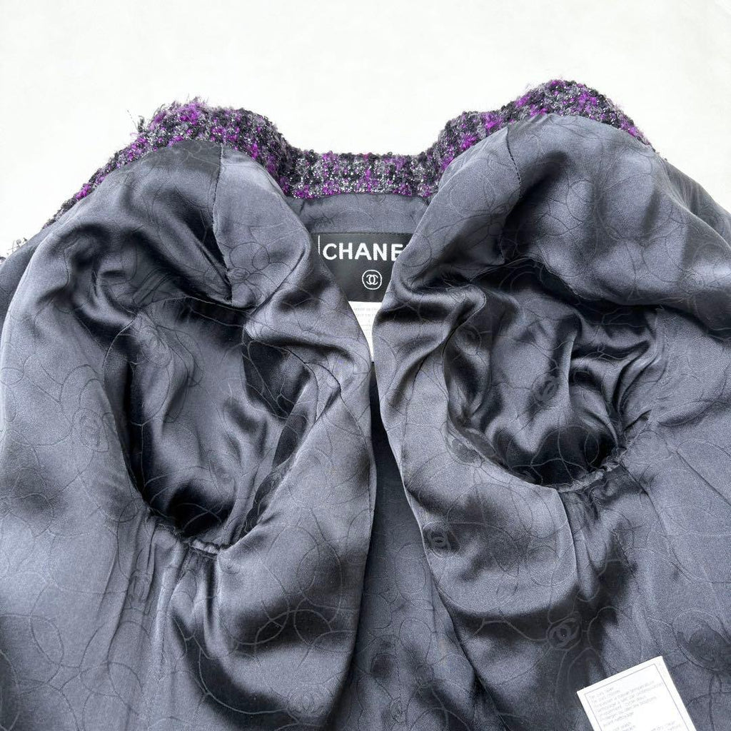 CHANEL 2003 Lamé Fancy Tweed Jacket Poodle CC Button Size 36