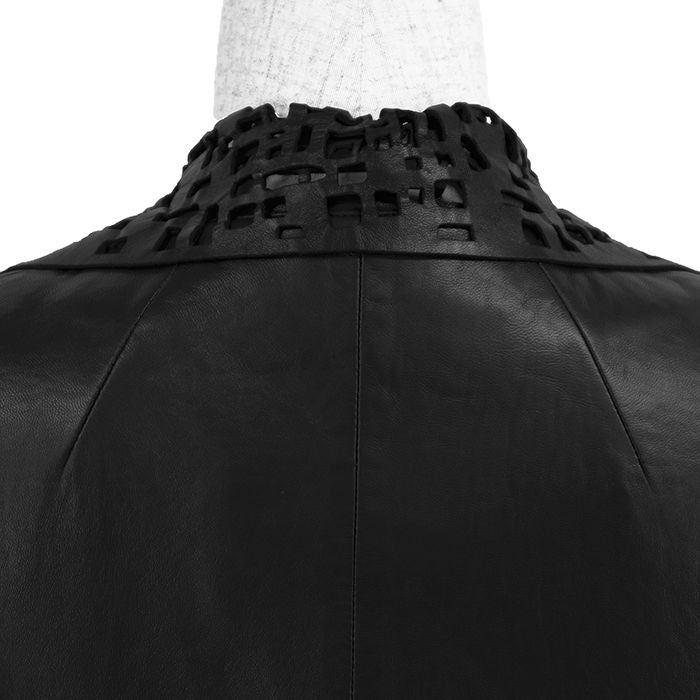 CHANEL Leather Jacket Punching P41109 Size 40 Black Lambskin Sheer Cutwork No-Collar 2011 Karl Lagerfeld