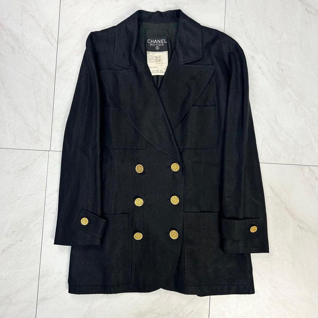 CHANEL Linen Silk Double-Breasted Jacket Black Size 36 — Near Mint