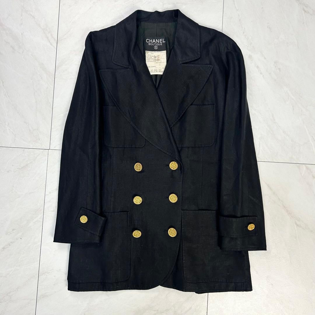 CHANEL Linen Silk Double-Breasted Jacket Black Size 36 — Near Mint