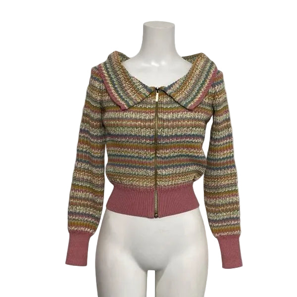 CHANEL Zip-Up Cropped Cardigan — Border Mix Knit / Cotton / Size 34 (XS)