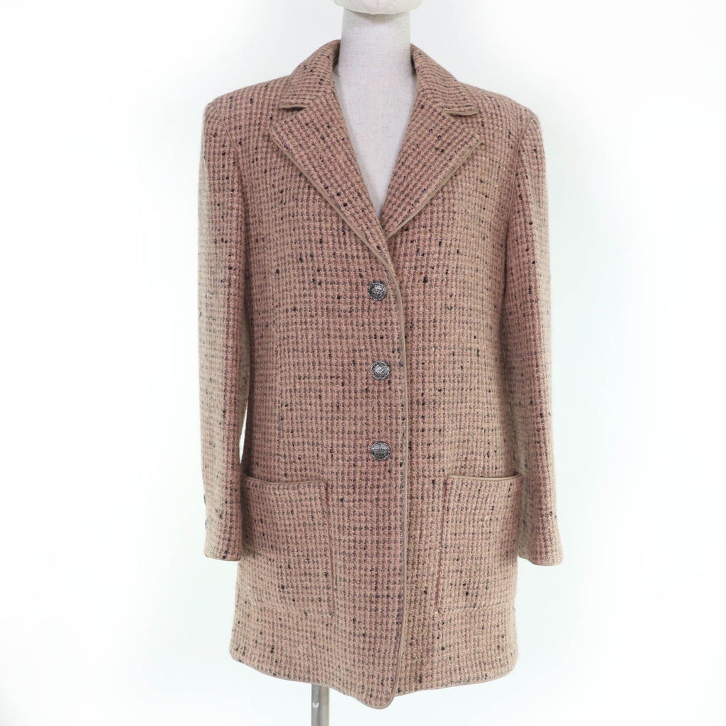 CHANEL 97A Wool Silk Tweed Jacket with Logo Buttons & Leather Trim — Pink / Size 36