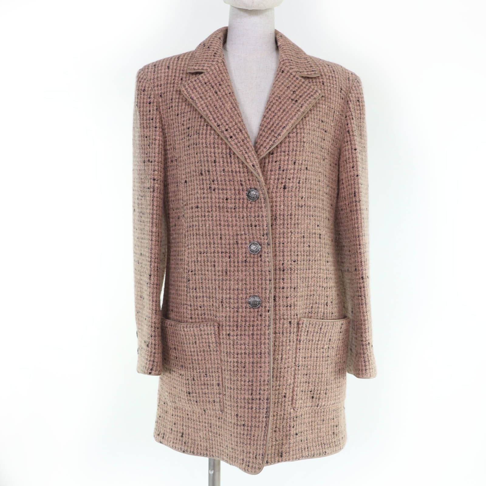 CHANEL 97A Wool Silk Tweed Jacket with Logo Buttons & Leather Trim — Pink / Size 36