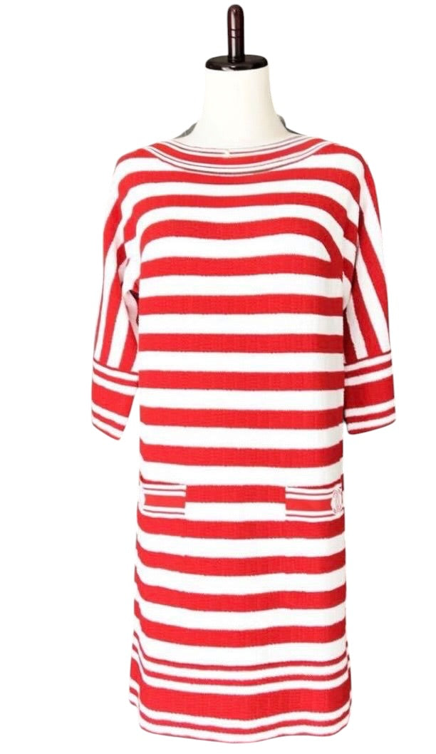 CHANEL Red & White Border Dress Size 36