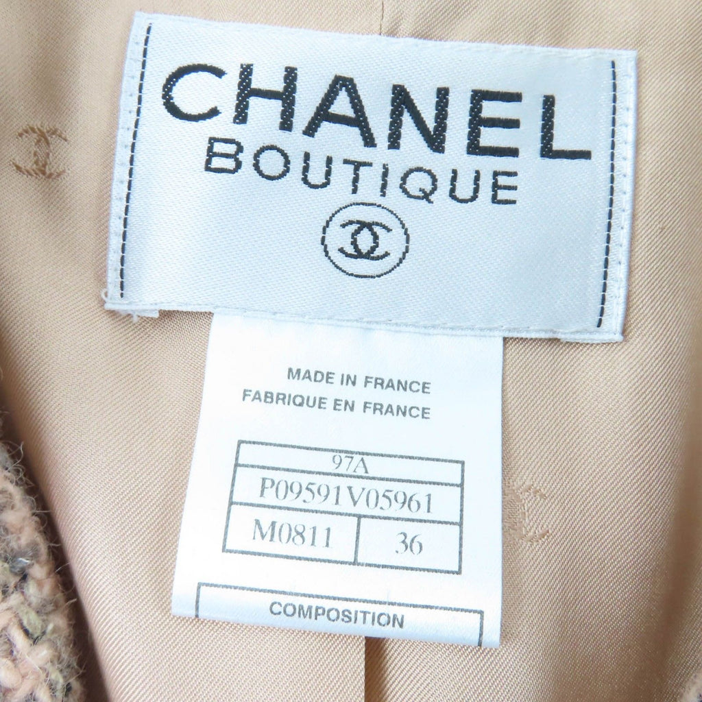 CHANEL 97A Wool Silk Tweed Jacket with Logo Buttons & Leather Trim — Pink / Size 36