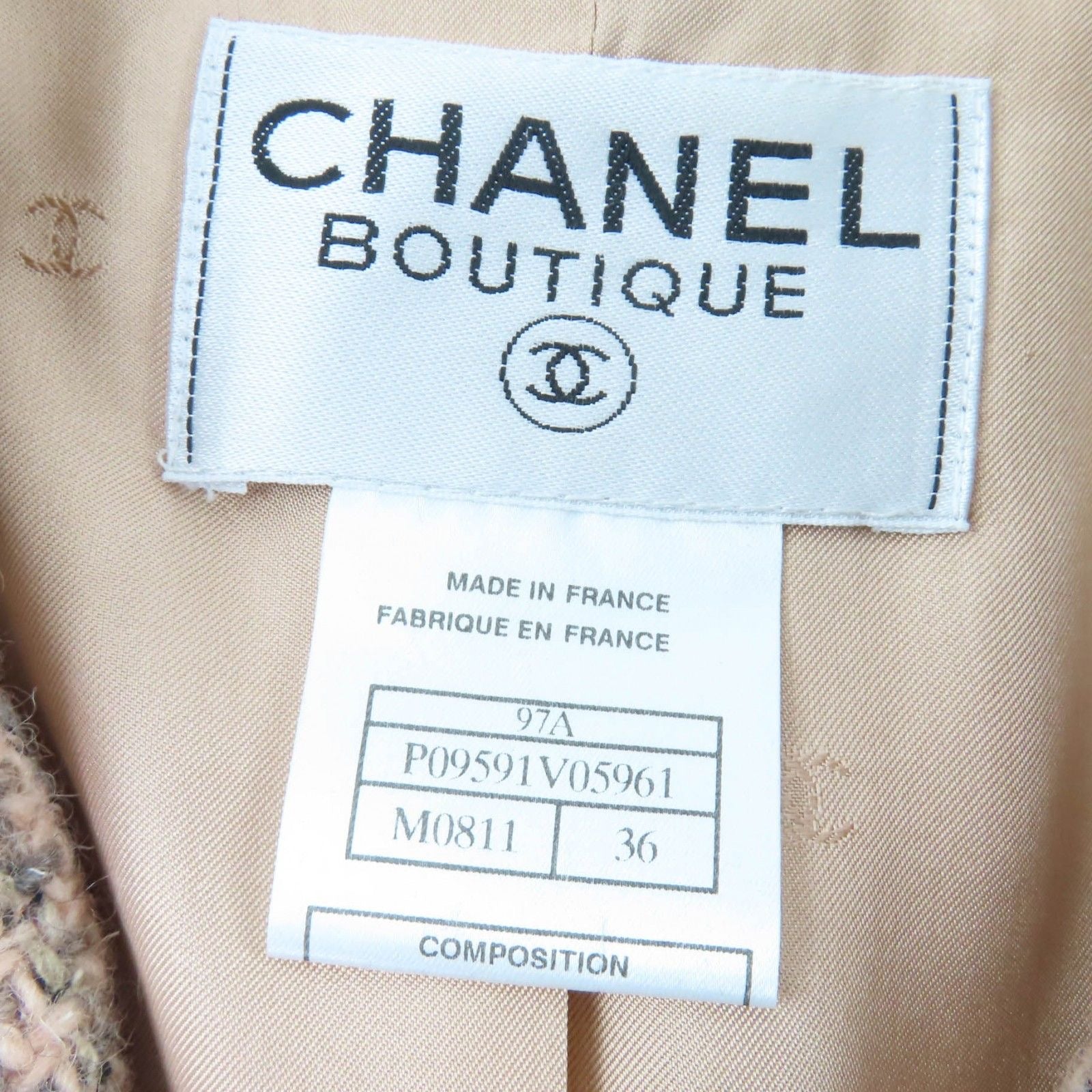 CHANEL 97A Wool Silk Tweed Jacket with Logo Buttons & Leather Trim — Pink / Size 36