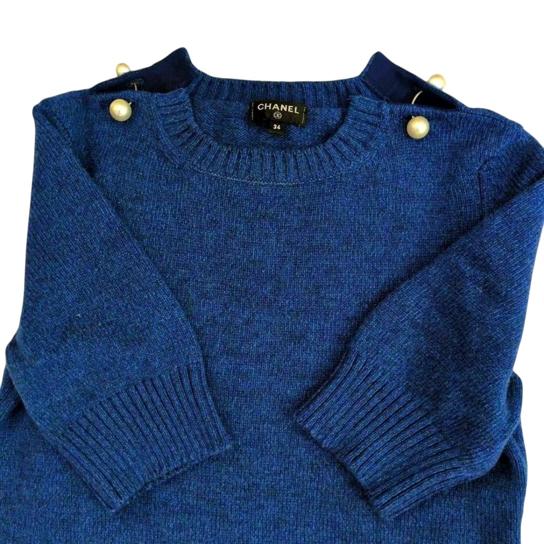 CHANEL Blue Short Sleeve Cashmere Dress with Pearl Detail Size 34