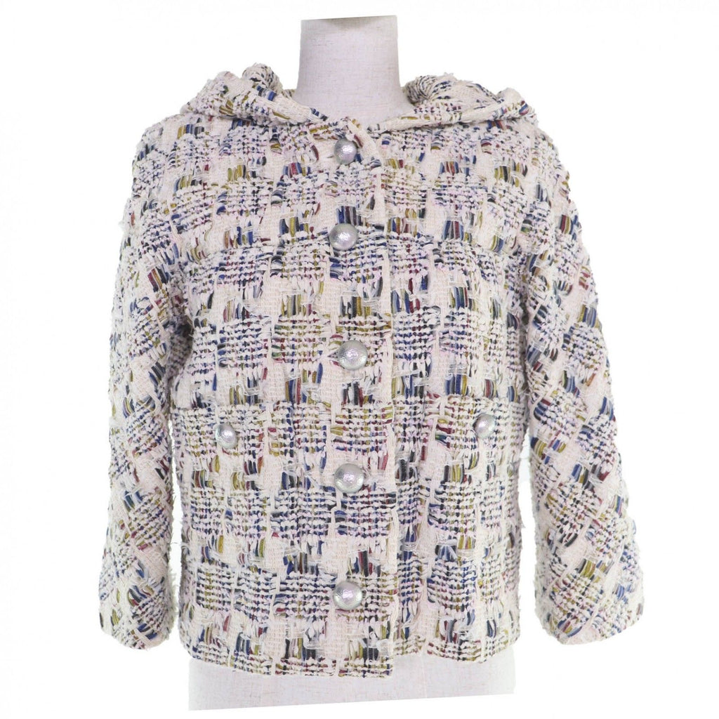CHANEL Cotton Ribbon Tweed Hooded Jacket with Coco Buttons — Multicolour / Size 38