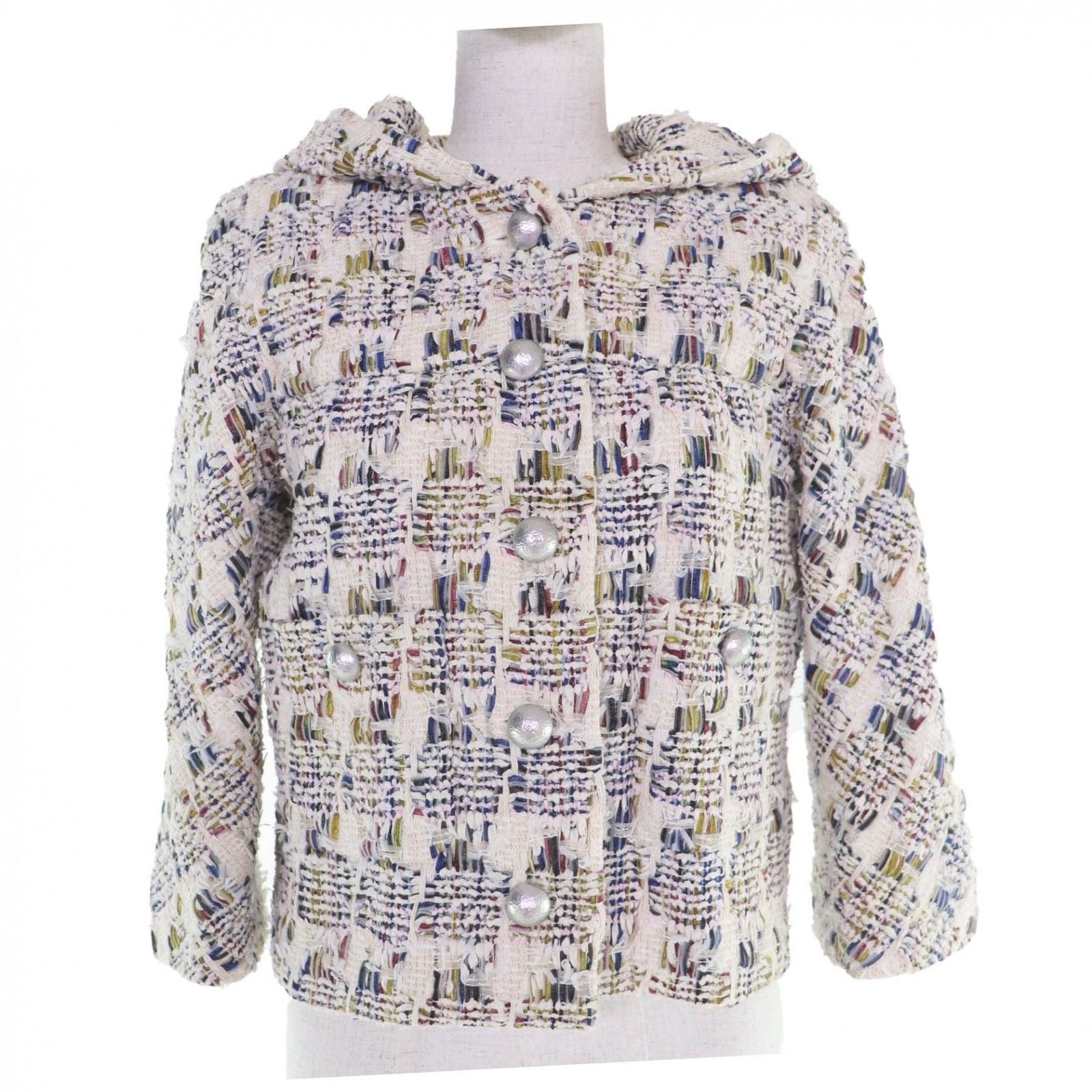 CHANEL Cotton Ribbon Tweed Hooded Jacket with Coco Buttons — Multicolour / Size 38