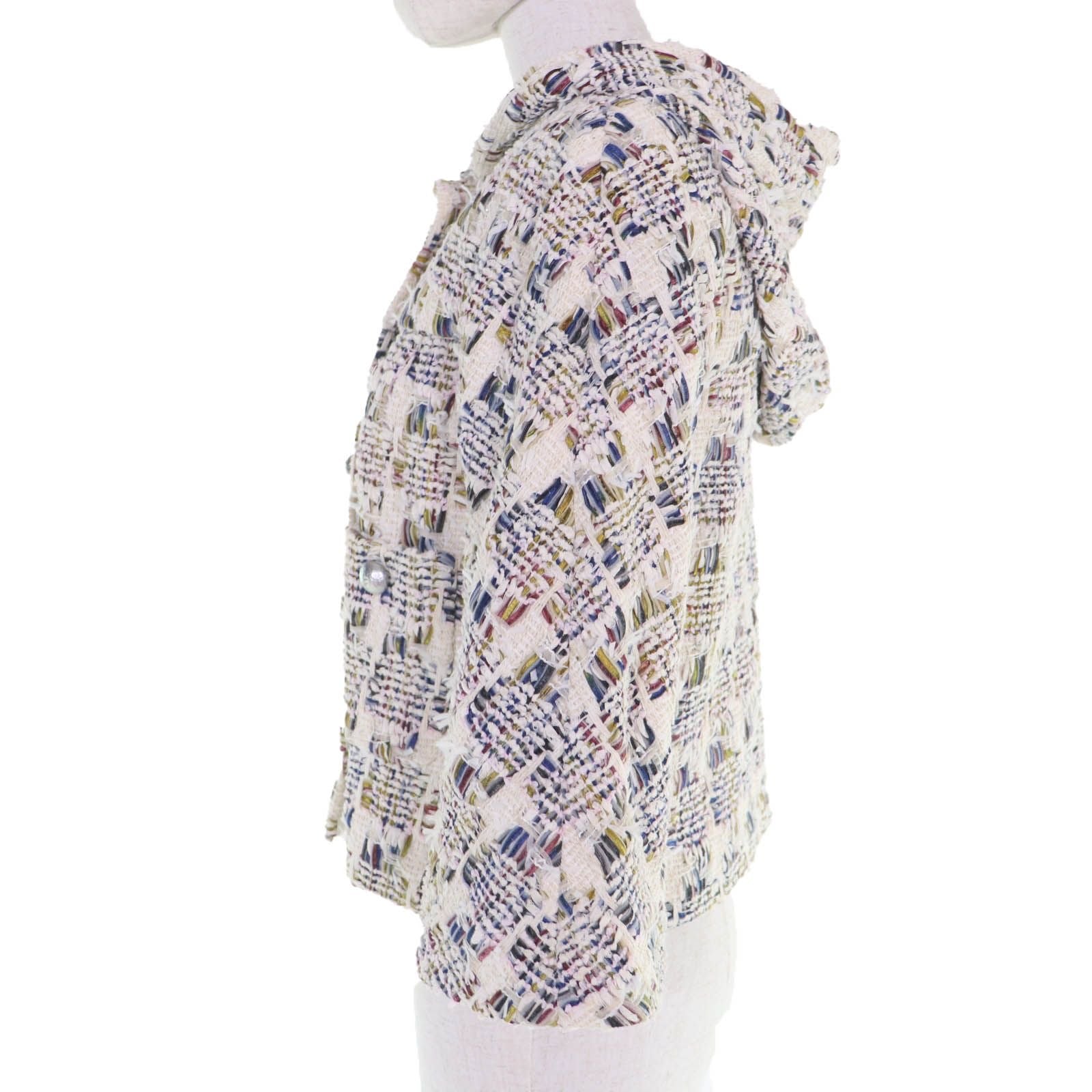CHANEL Cotton Ribbon Tweed Hooded Jacket with Coco Buttons — Multicolour / Size 38