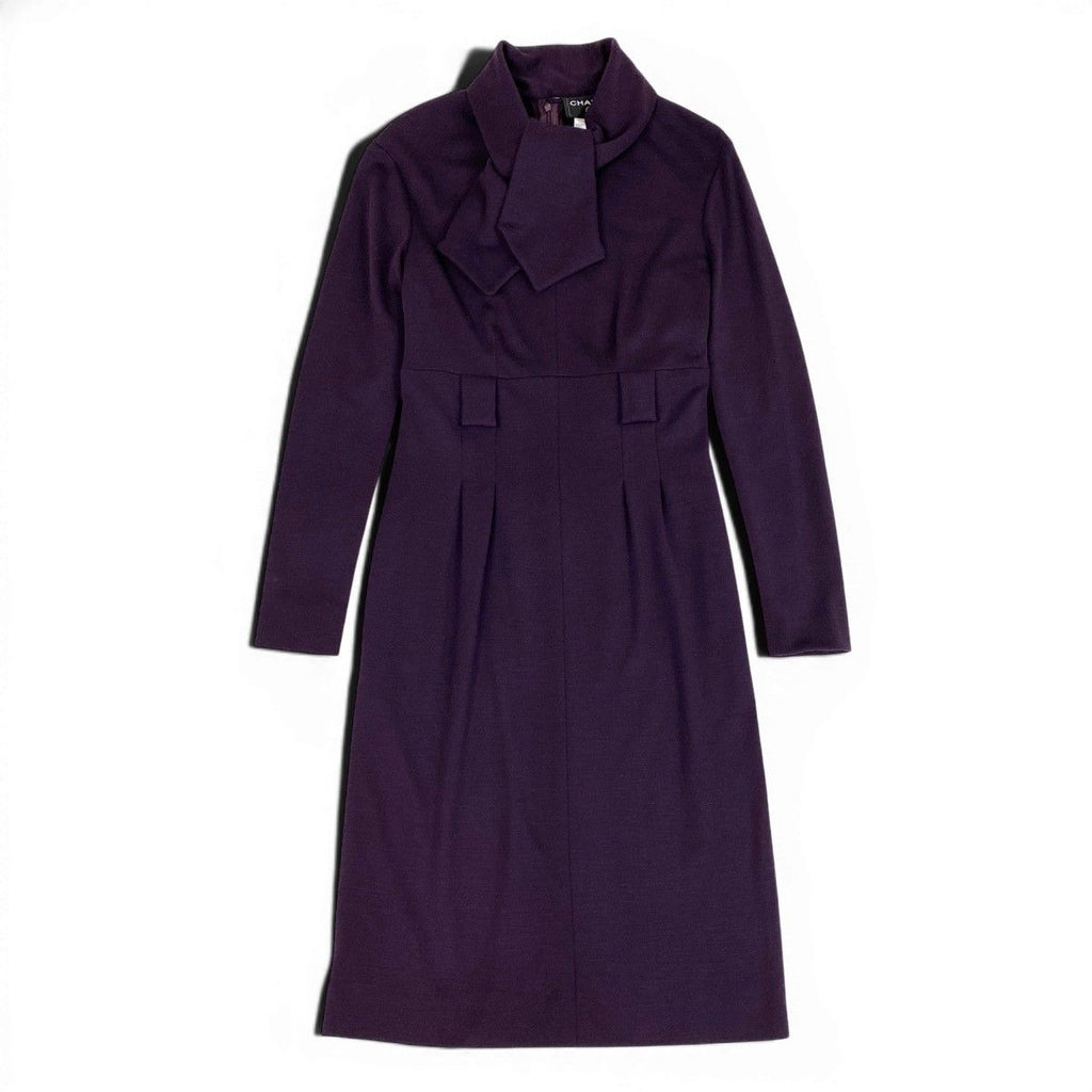CHANEL 2007 Wool Long Sleeve Bow Tie Ribbon Dress Purple Size 40
