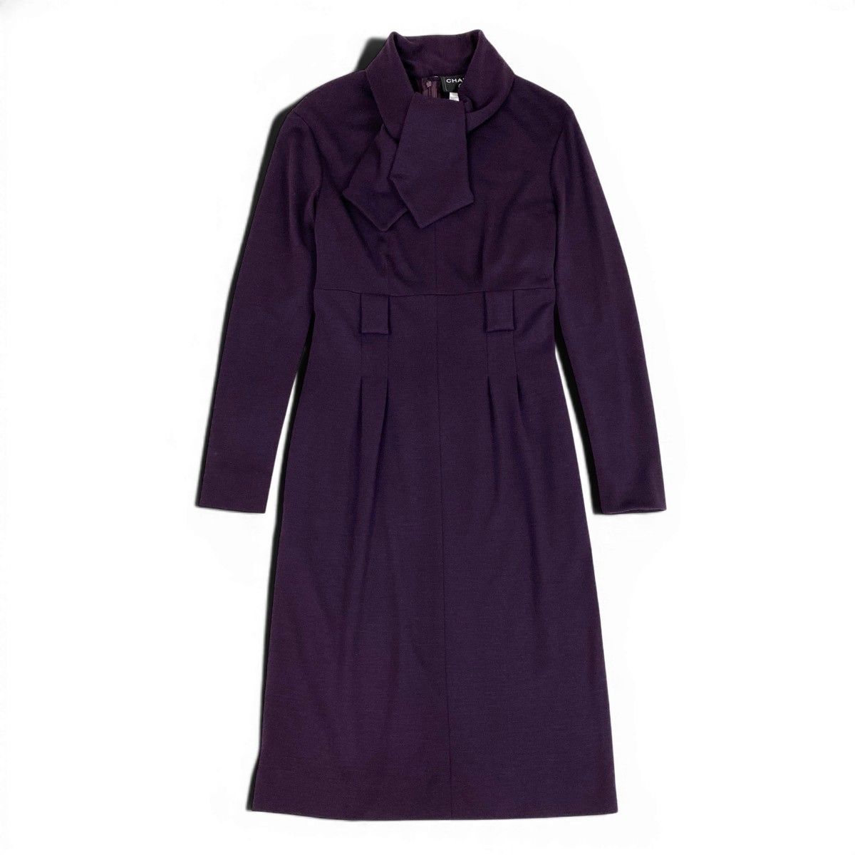 CHANEL 2007 Wool Long Sleeve Bow Tie Ribbon Dress Purple Size 40