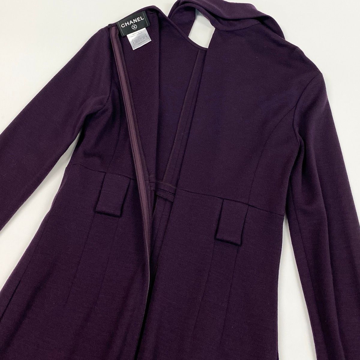 CHANEL 2007 Wool Long Sleeve Bow Tie Ribbon Dress Purple Size 40