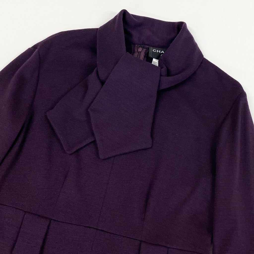 CHANEL 2007 Wool Long Sleeve Bow Tie Ribbon Dress Purple Size 40