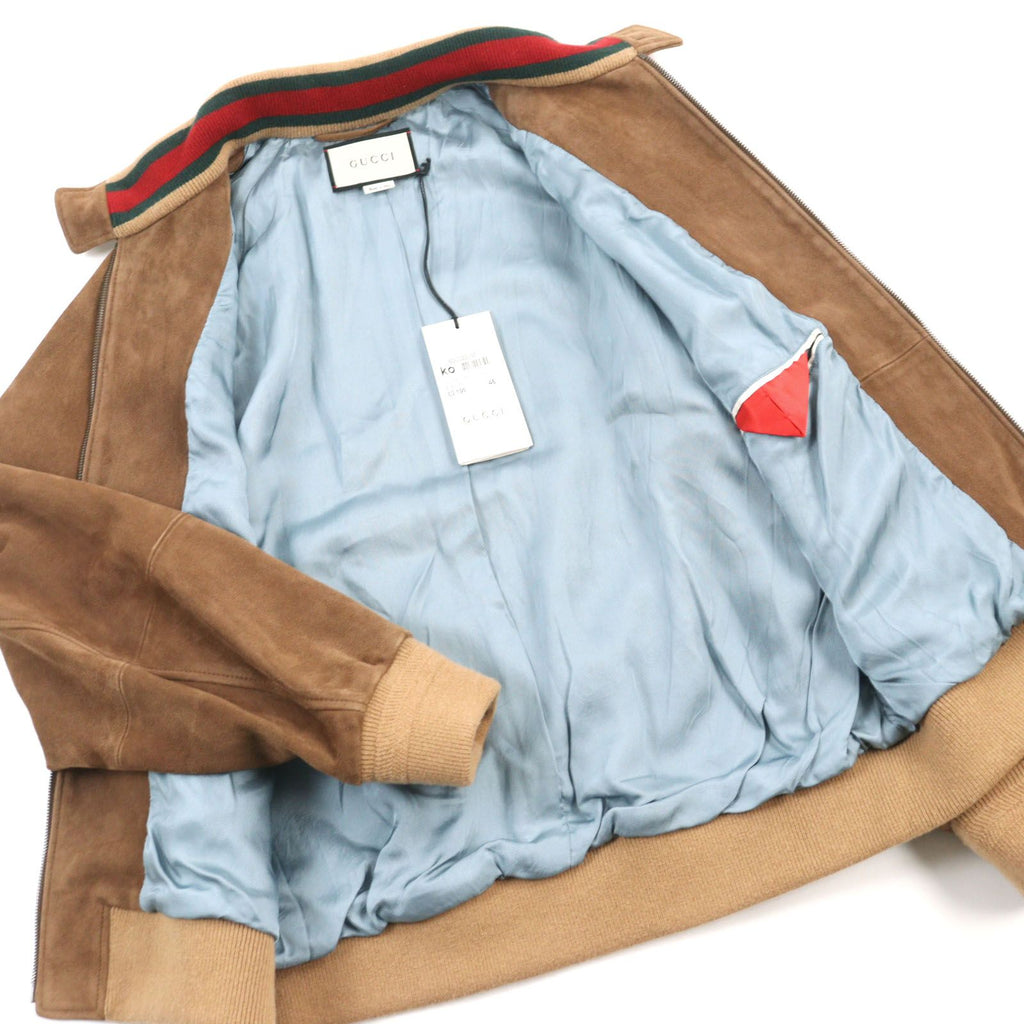 GUCCI Goat Suede Leather Sherry Line Logo Button Harrington Jacket Brown Size 46