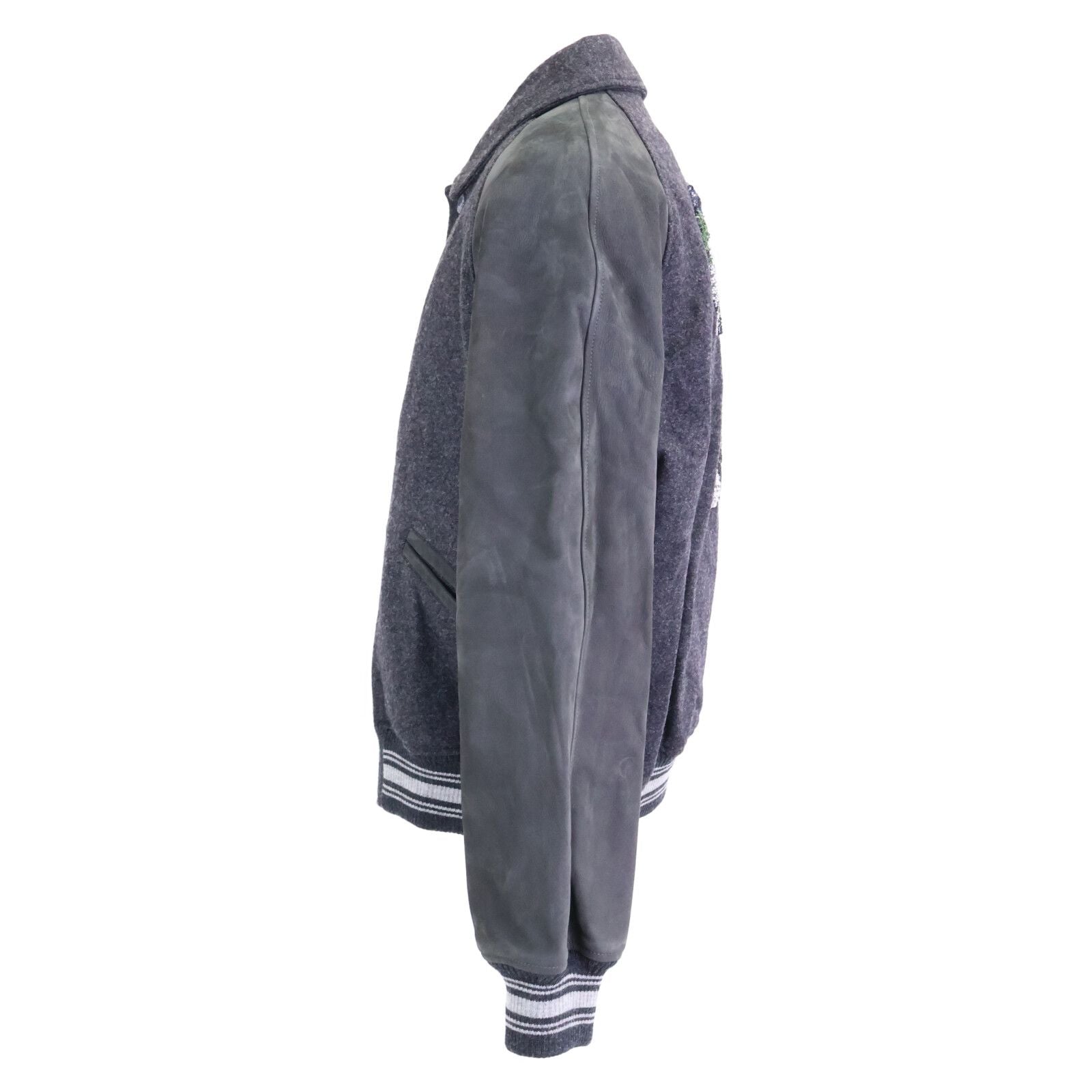 LOUIS VUITTON Virgil Abloh Leather Sleeve Wool Africa Continent Sequin Varsity Jacket Size 46