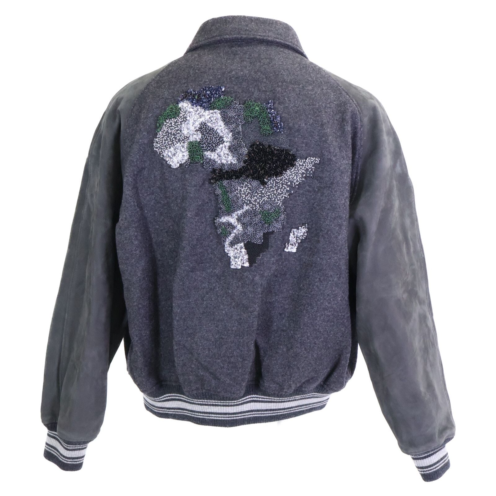 LOUIS VUITTON Virgil Abloh Leather Sleeve Wool Africa Continent Sequin Varsity Jacket Size 46