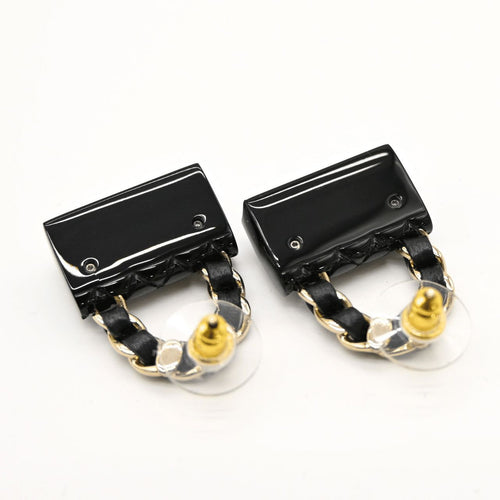 CHANEL B23C Timeless Classic Matelasse Motif Earrings Black Champagne Gold