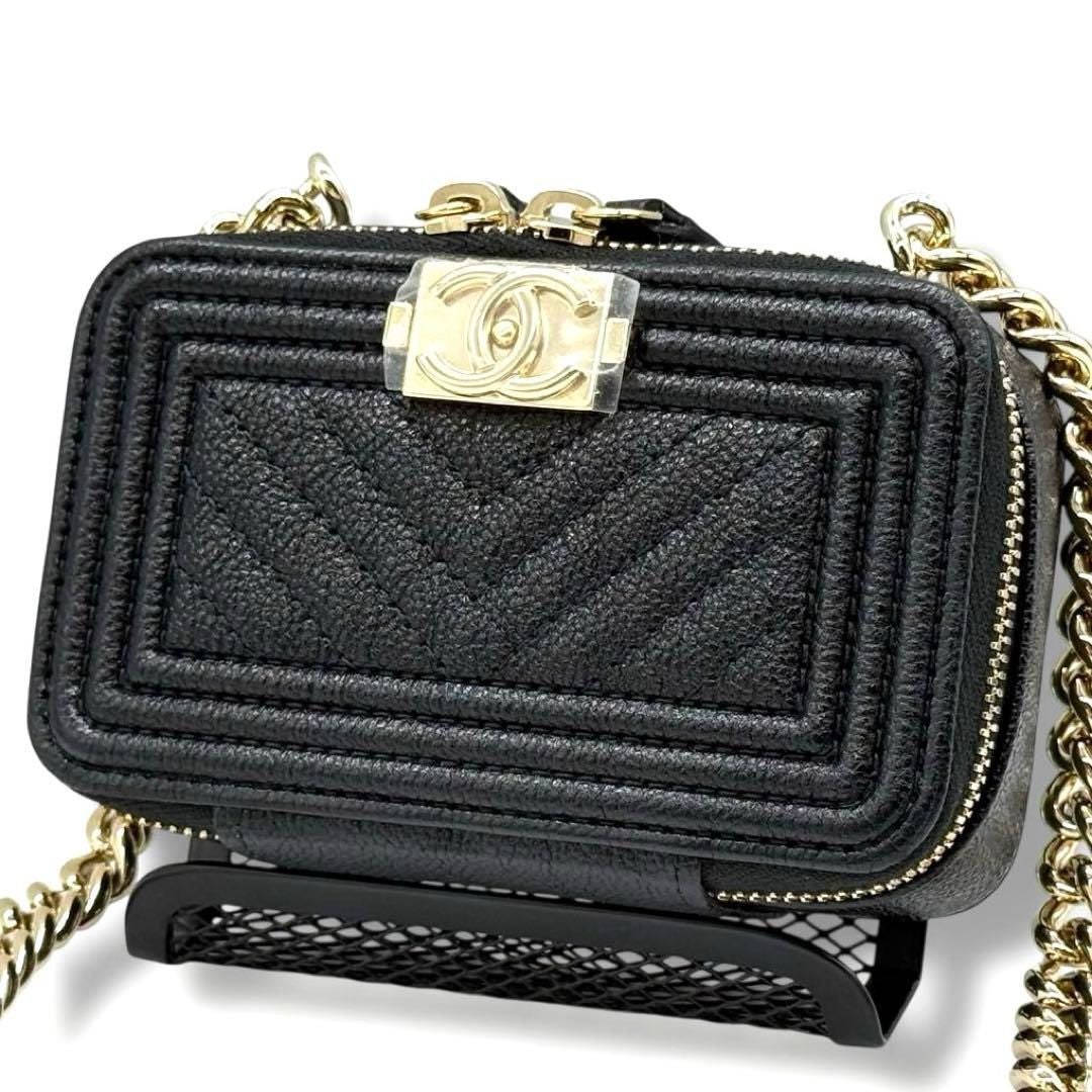 CHANEL Boy Chanel Mini Chain Shoulder Bag Caviar Skin Chevron Black AP2708