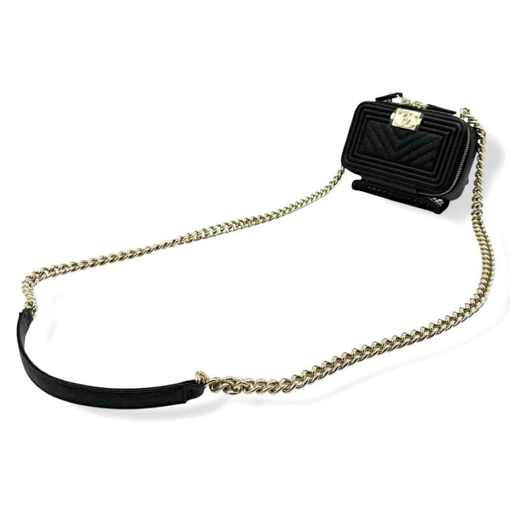 CHANEL Boy Chanel Mini Chain Shoulder Bag Caviar Skin Chevron Black AP2708