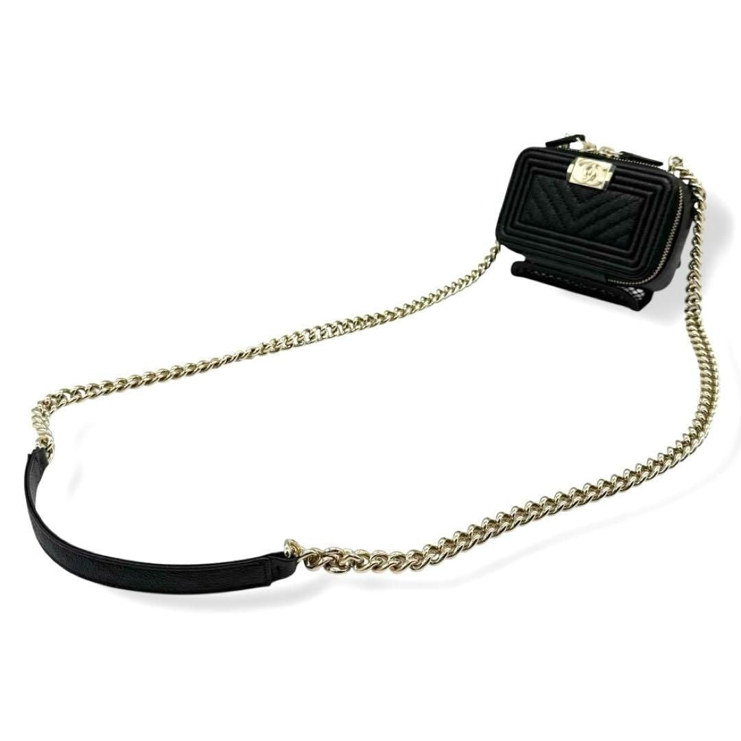 CHANEL Boy Chanel Mini Chain Shoulder Bag Caviar Skin Chevron Black AP2708