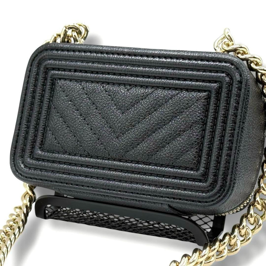 CHANEL Boy Chanel Mini Chain Shoulder Bag Caviar Skin Chevron Black AP2708