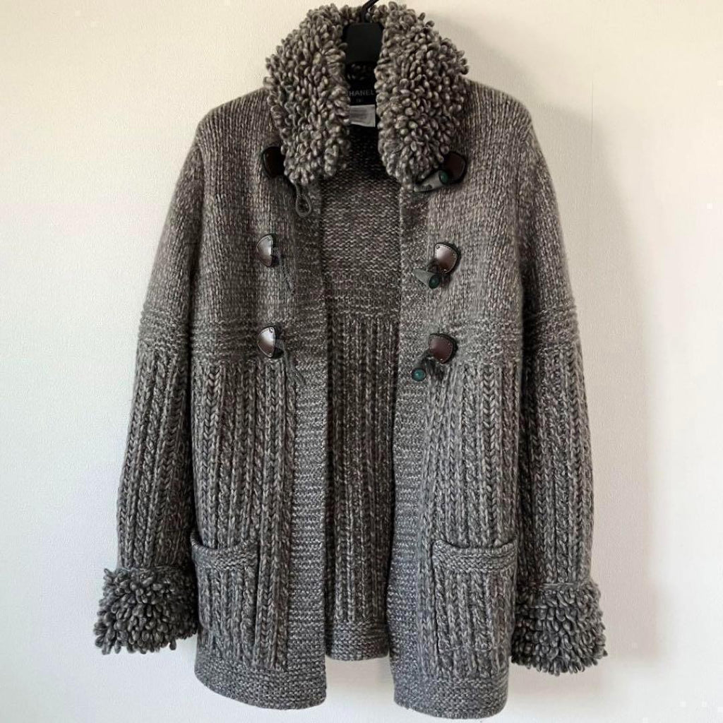 CHANEL 11AW Cashmere Knit Duffle Coat — Grey / Size 34