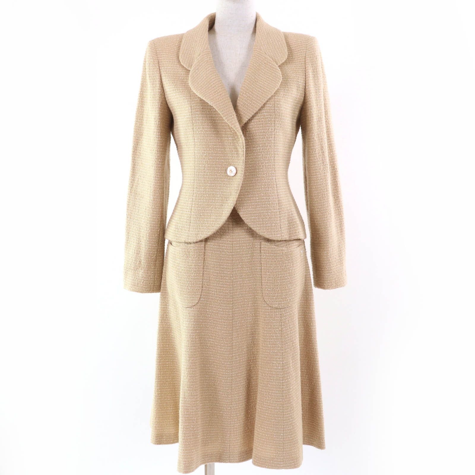 CHANEL 02C Vintage Coco Mark Tweed Jacket & Skirt Setup Beige Size 38
