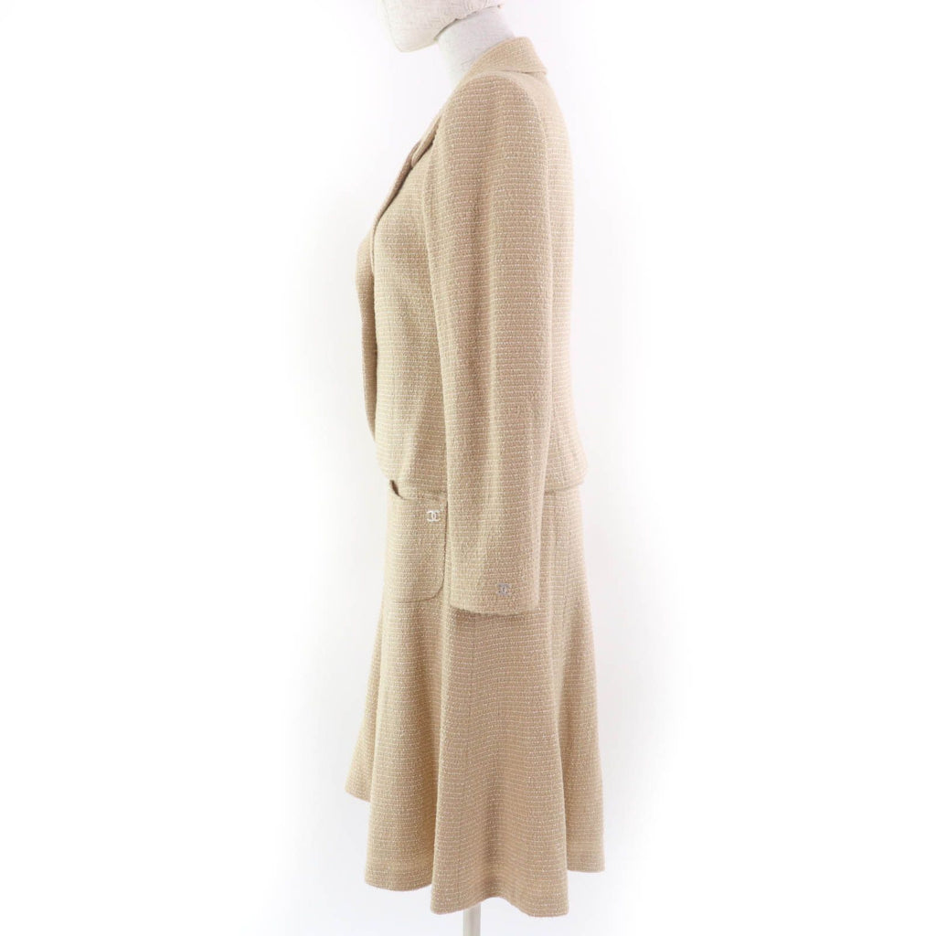 CHANEL 02C Vintage Coco Mark Tweed Jacket & Skirt Setup Beige Size 38