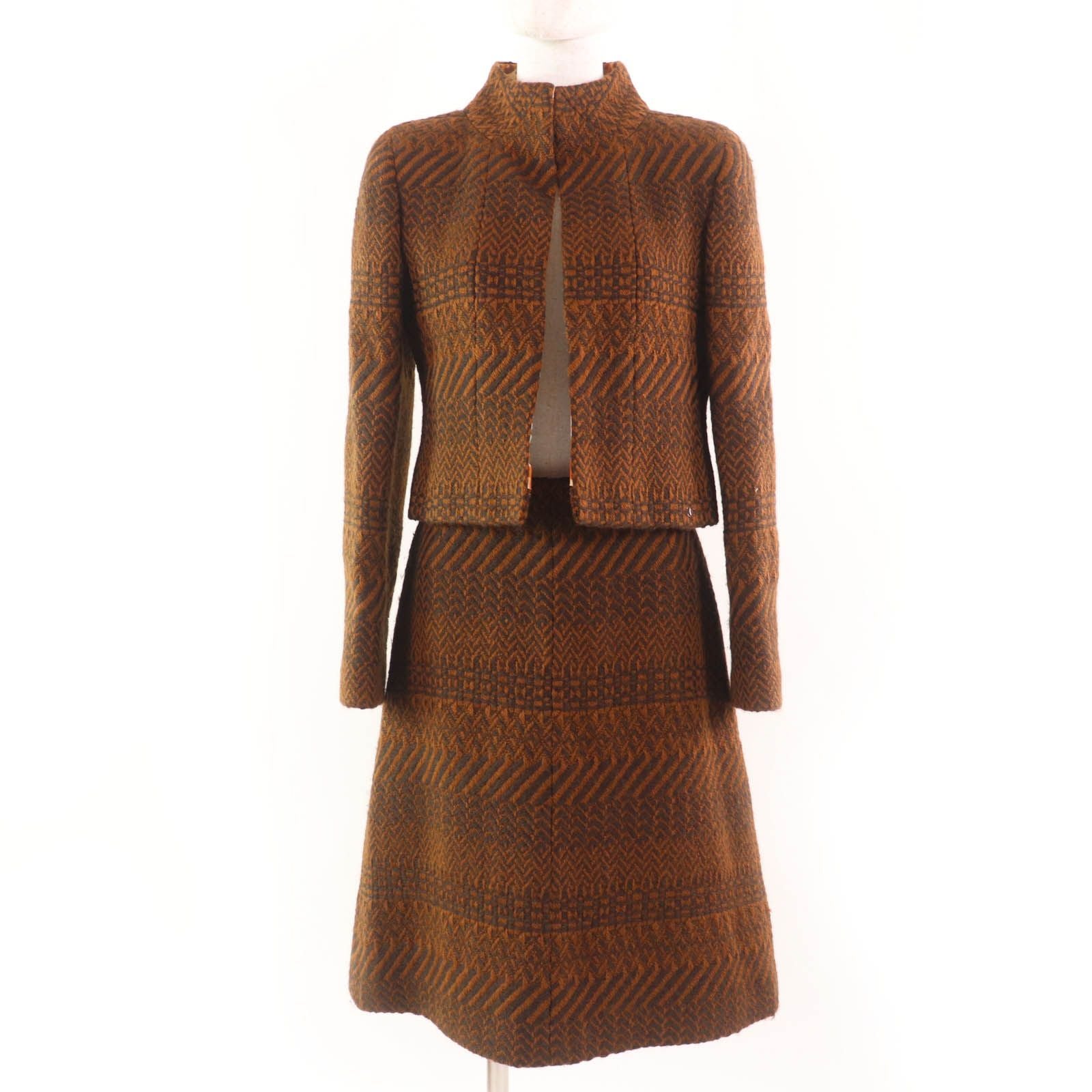 CHANEL 00A Wool Tweed Coco Mark Logo Lining Jacket & Skirt Setup Brown Size 38