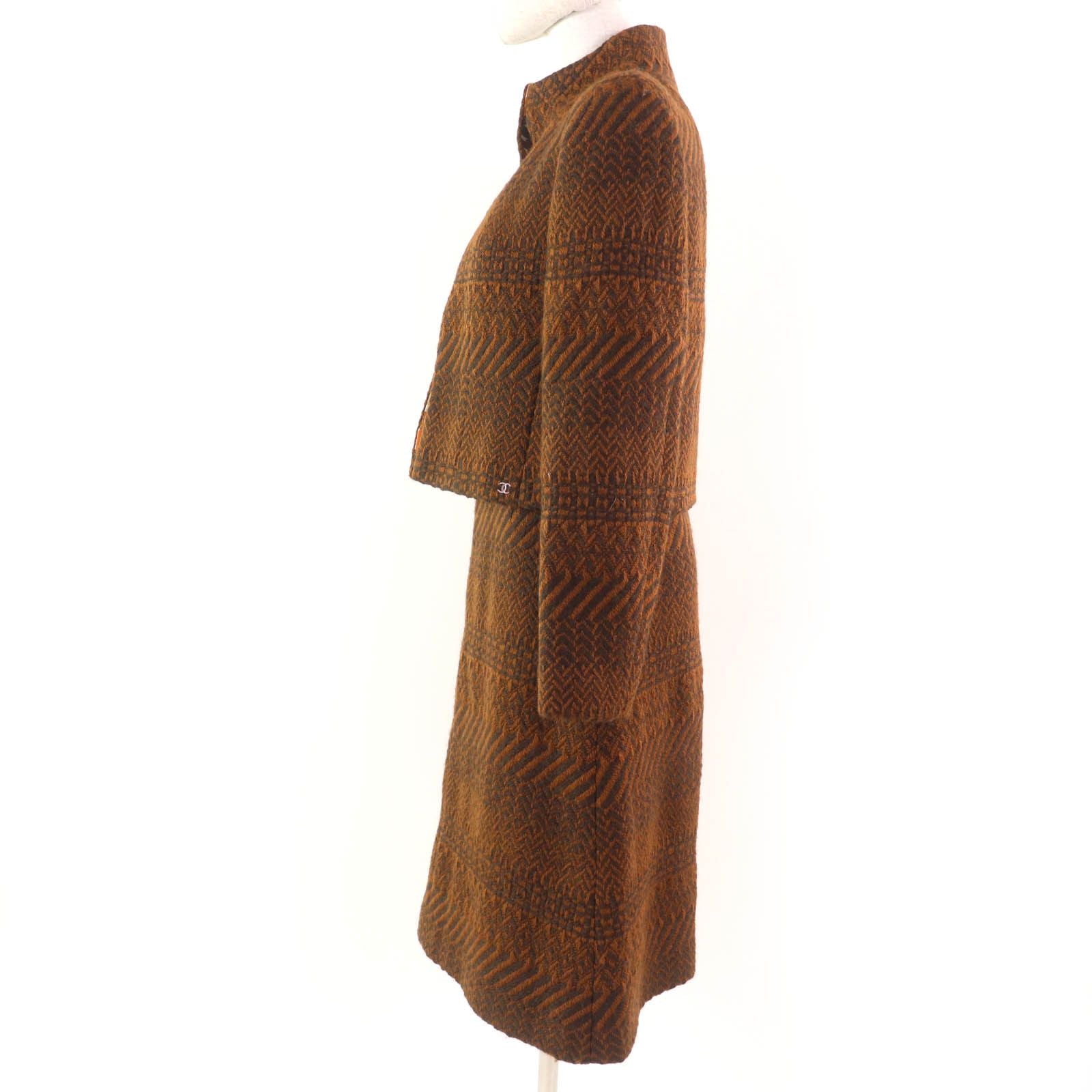 CHANEL 00A Wool Tweed Coco Mark Logo Lining Jacket & Skirt Setup Brown Size 38