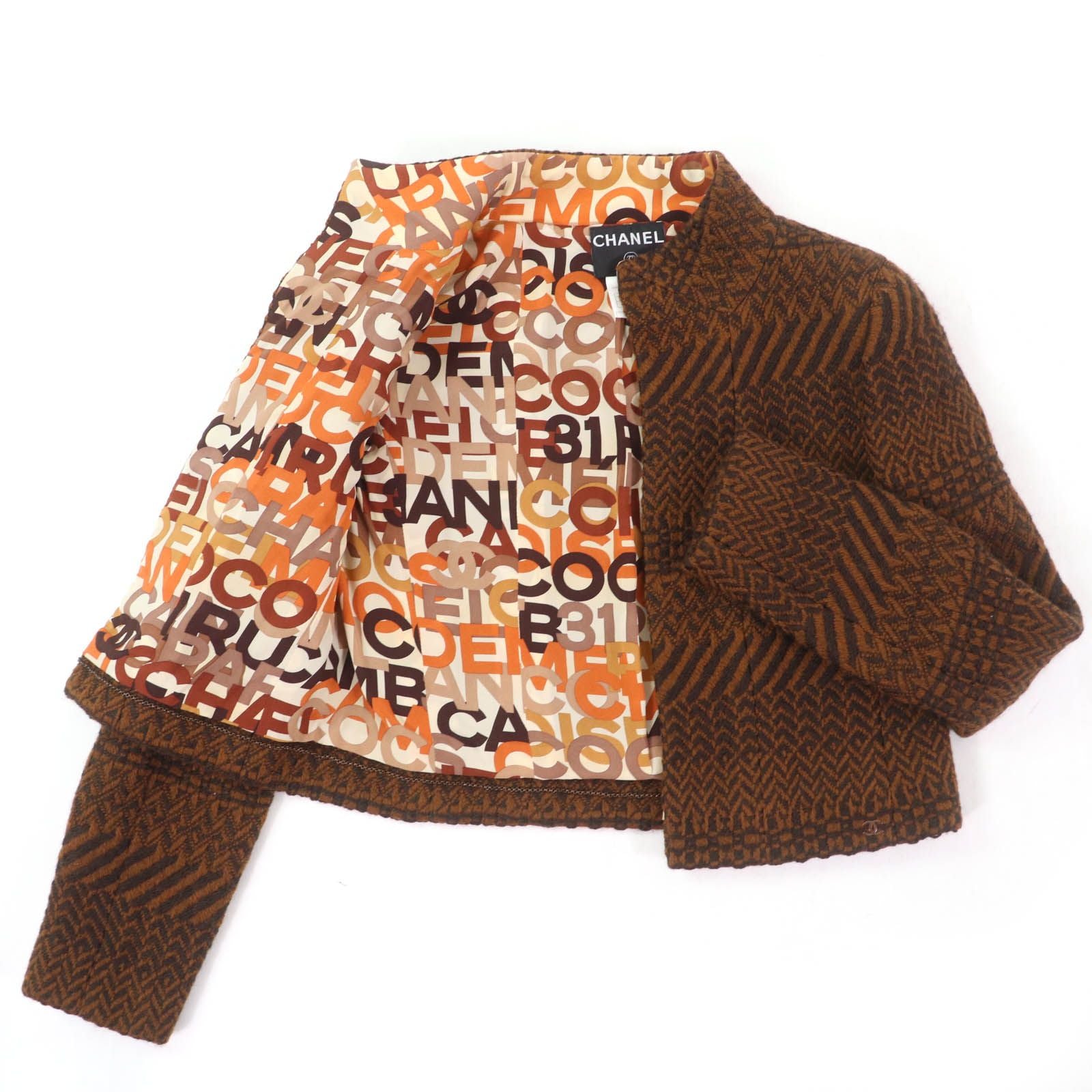 CHANEL 00A Wool Tweed Coco Mark Logo Lining Jacket & Skirt Setup Brown Size 38