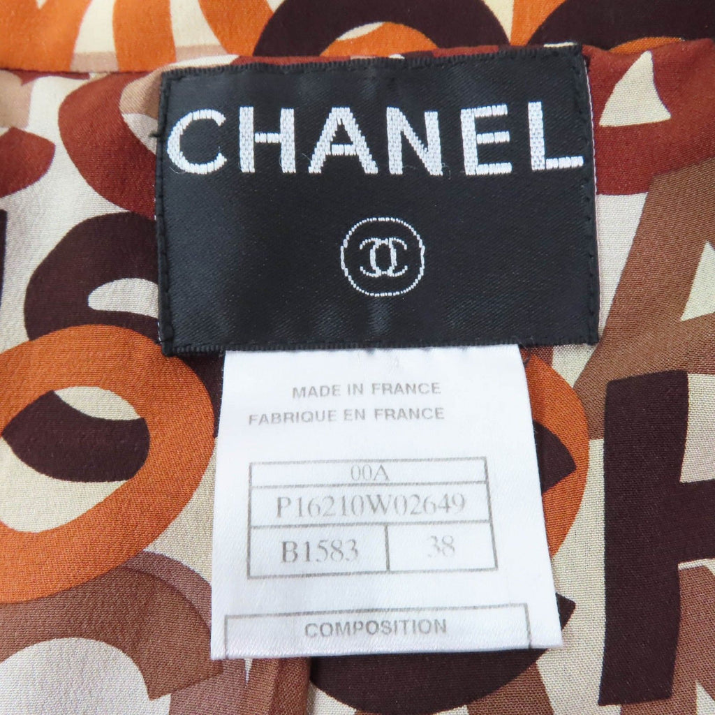 CHANEL 00A Wool Tweed Coco Mark Logo Lining Jacket & Skirt Setup Brown Size 38