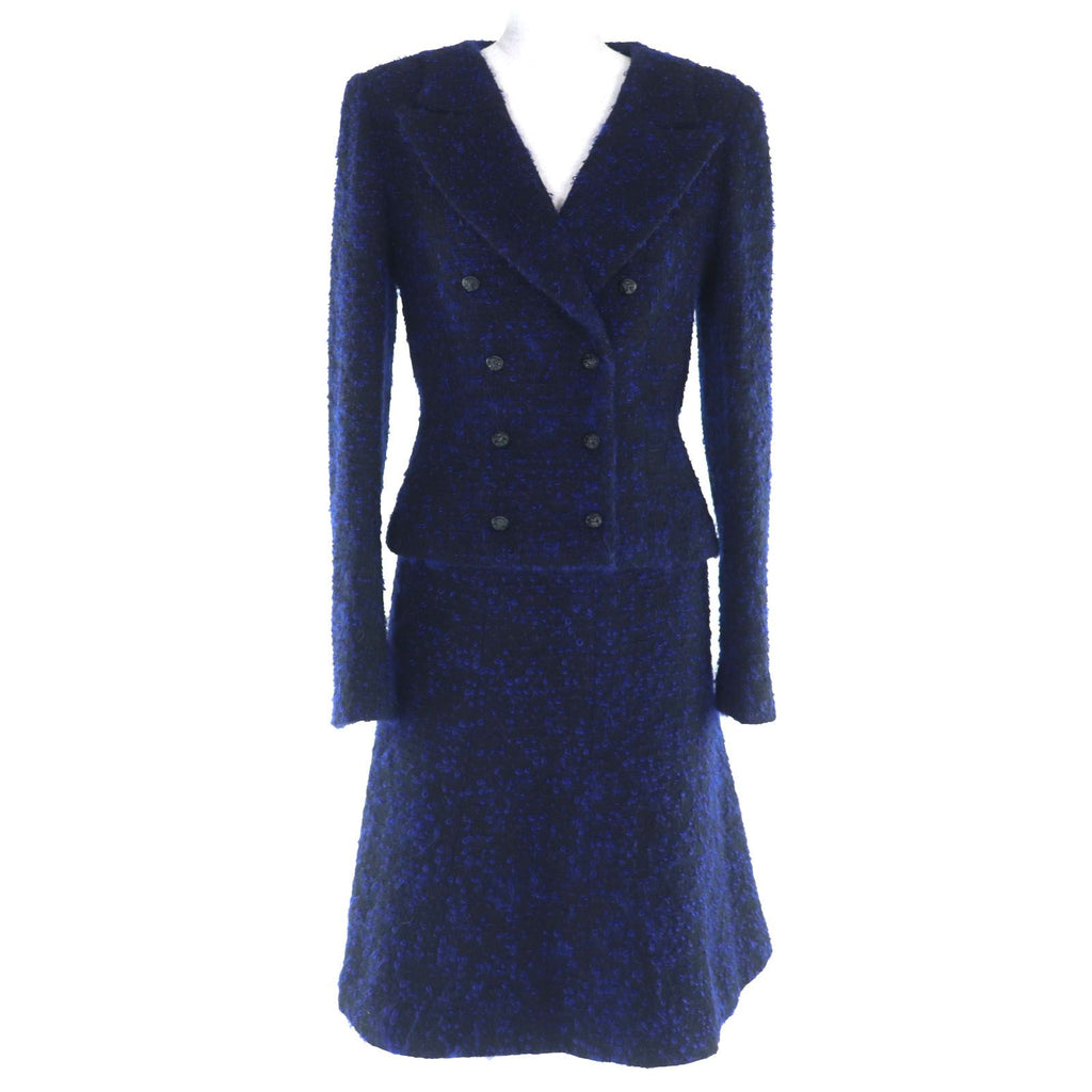 CHANEL 02A Vintage Coco Mark Owl Button Mohair Jacket & Skirt Setup Black Blue Size 40