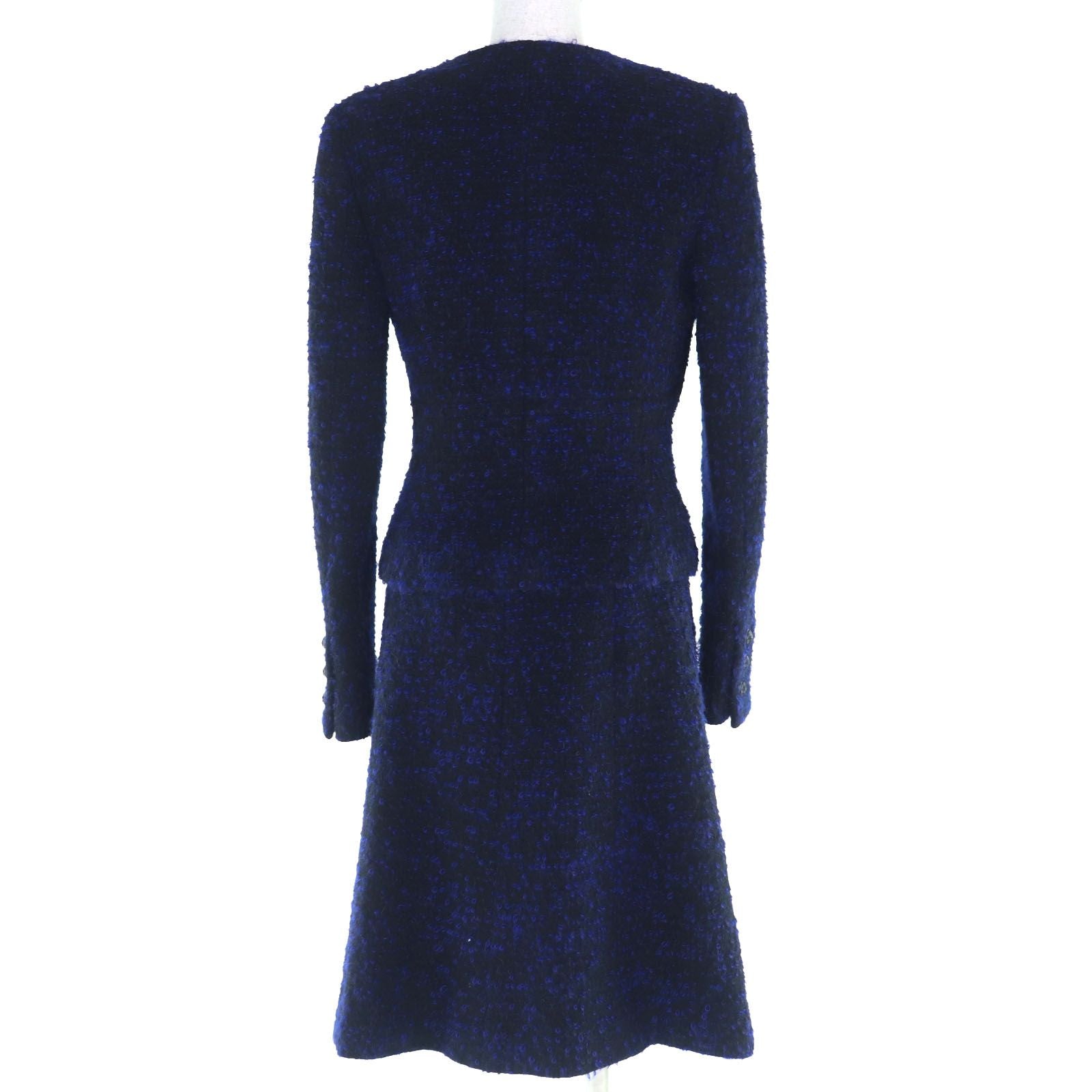 CHANEL 02A Vintage Coco Mark Owl Button Mohair Jacket & Skirt Setup Black Blue Size 40