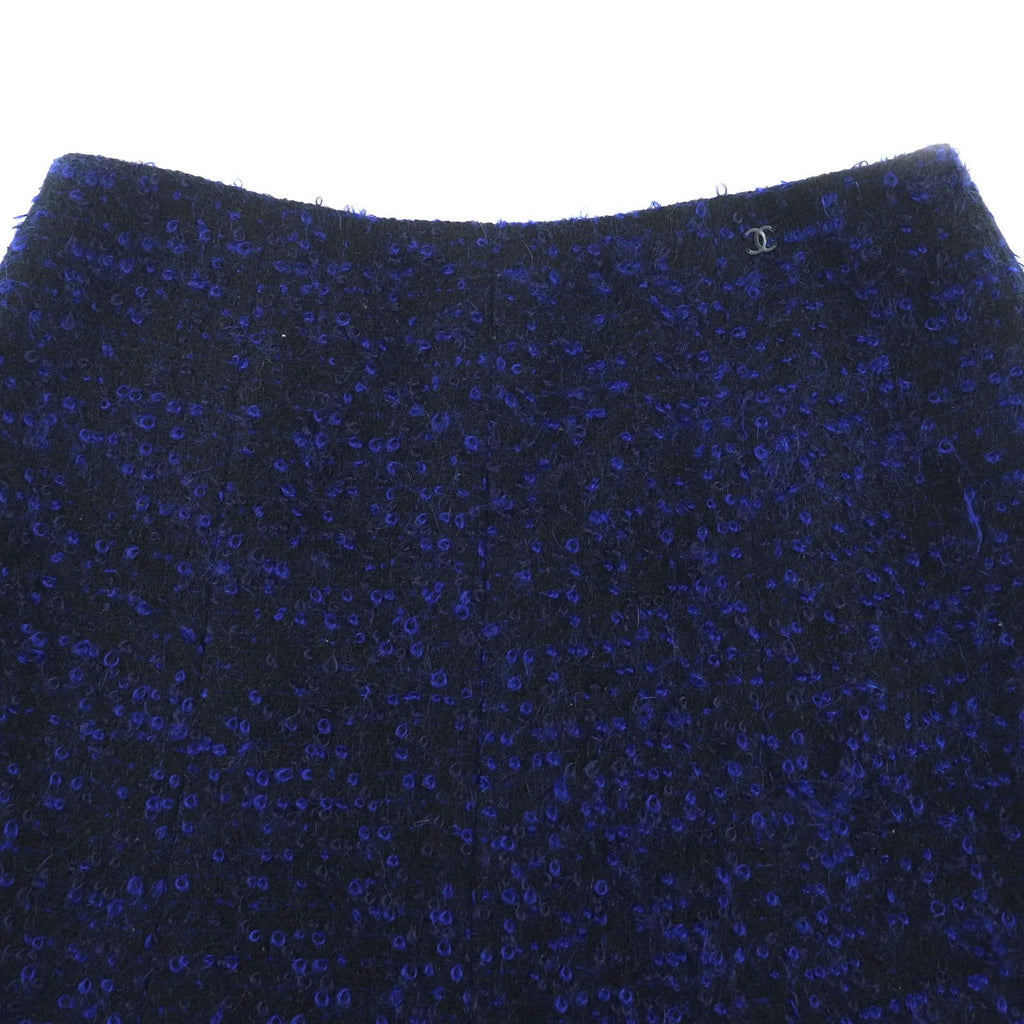 CHANEL 02A Vintage Coco Mark Owl Button Mohair Jacket & Skirt Setup Black Blue Size 40