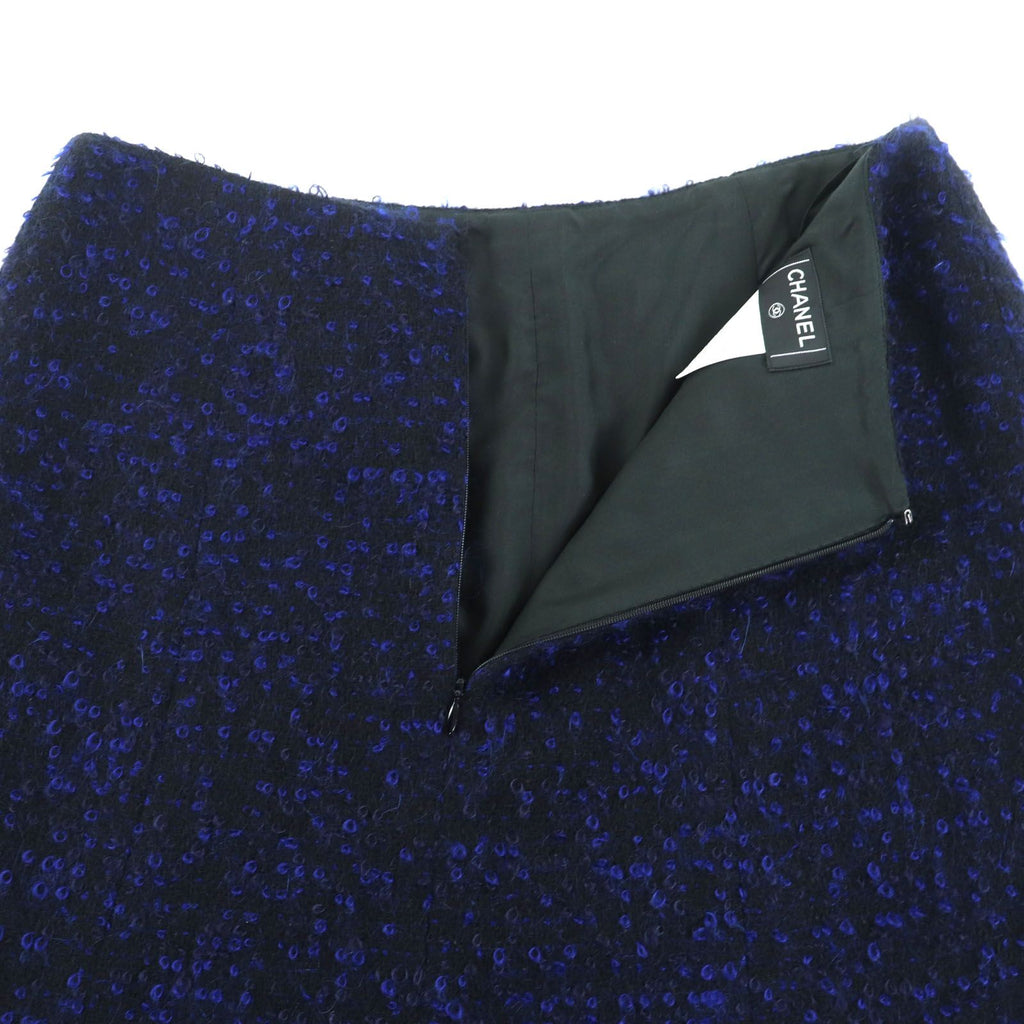 CHANEL 02A Vintage Coco Mark Owl Button Mohair Jacket & Skirt Setup Black Blue Size 40