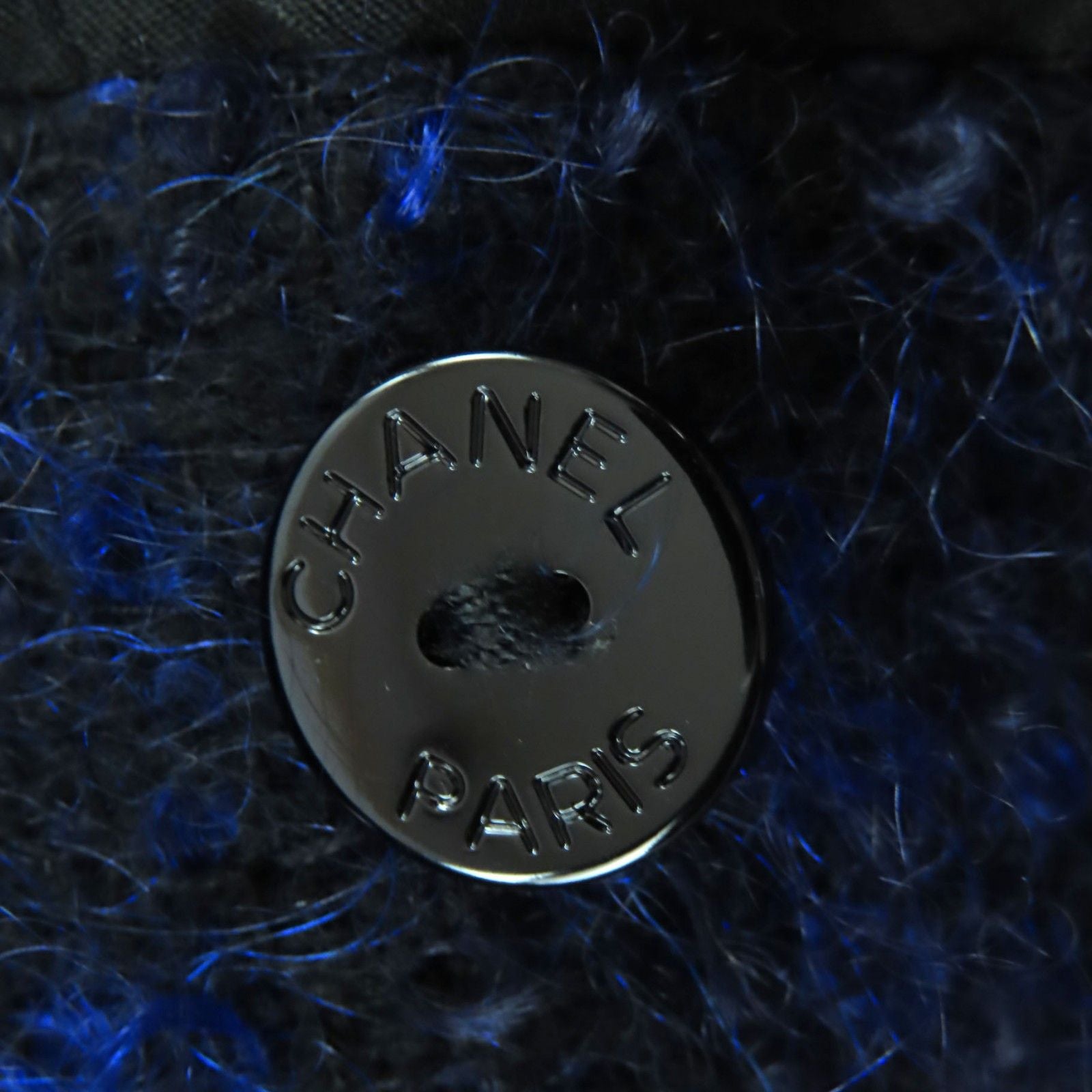 CHANEL 02A Vintage Coco Mark Owl Button Mohair Jacket & Skirt Setup Black Blue Size 40