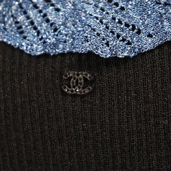 CHANEL Vintage Dress 02A P20257 Metallic Rib Knit Frill Neck Border