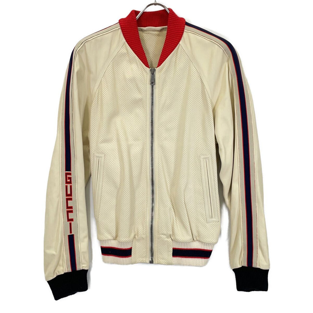 Gucci 497399 Beige Lambskin Back Logo Perforated Leather Bomber Jacket 44