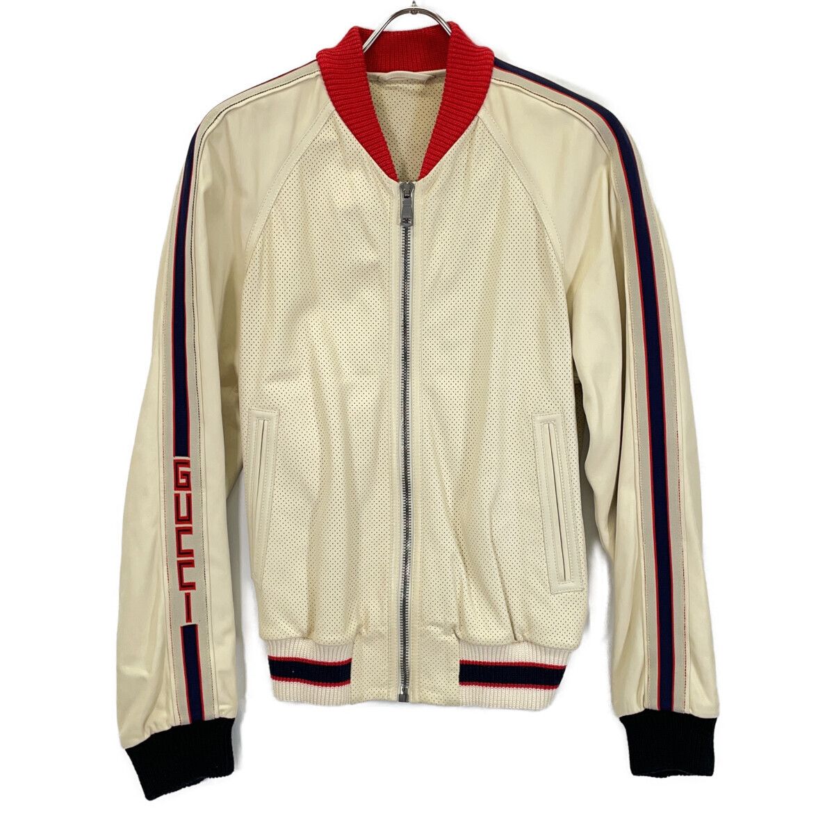 Gucci 497399 Beige Lambskin Back Logo Perforated Leather Bomber Jacket 44