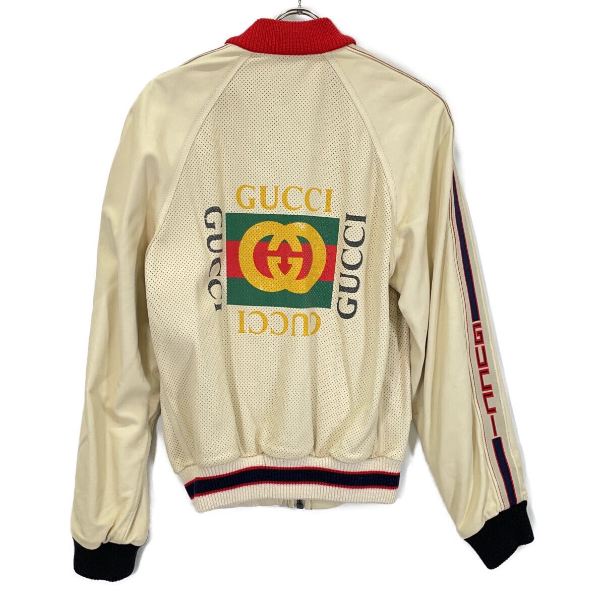 Gucci 497399 Beige Lambskin Back Logo Perforated Leather Bomber Jacket 44