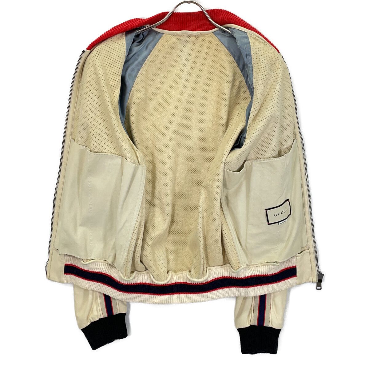 Gucci 497399 Beige Lambskin Back Logo Perforated Leather Bomber Jacket 44