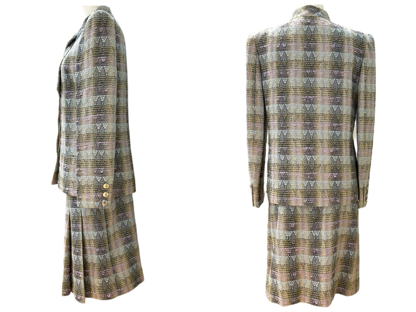 Chanel Boutique Tweed Wool Silk Blend Jacket & Skirt Suit Set Beige Grey Multicolour 38