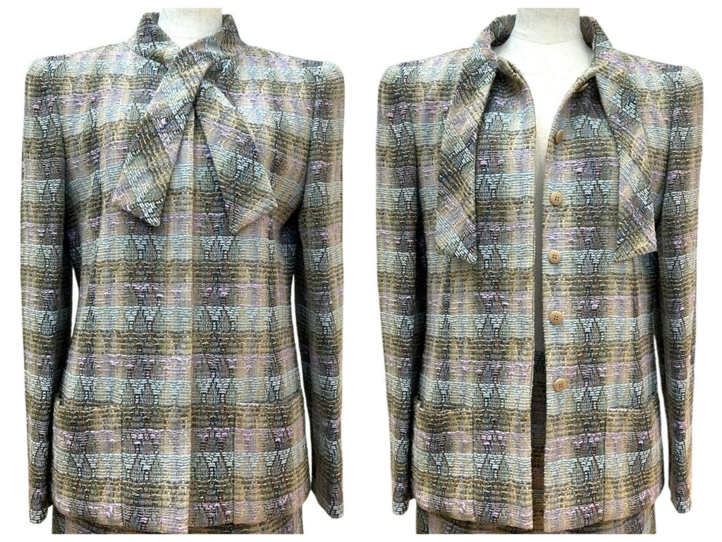 Chanel Boutique Tweed Wool Silk Blend Jacket & Skirt Suit Set Beige Grey Multicolour 38